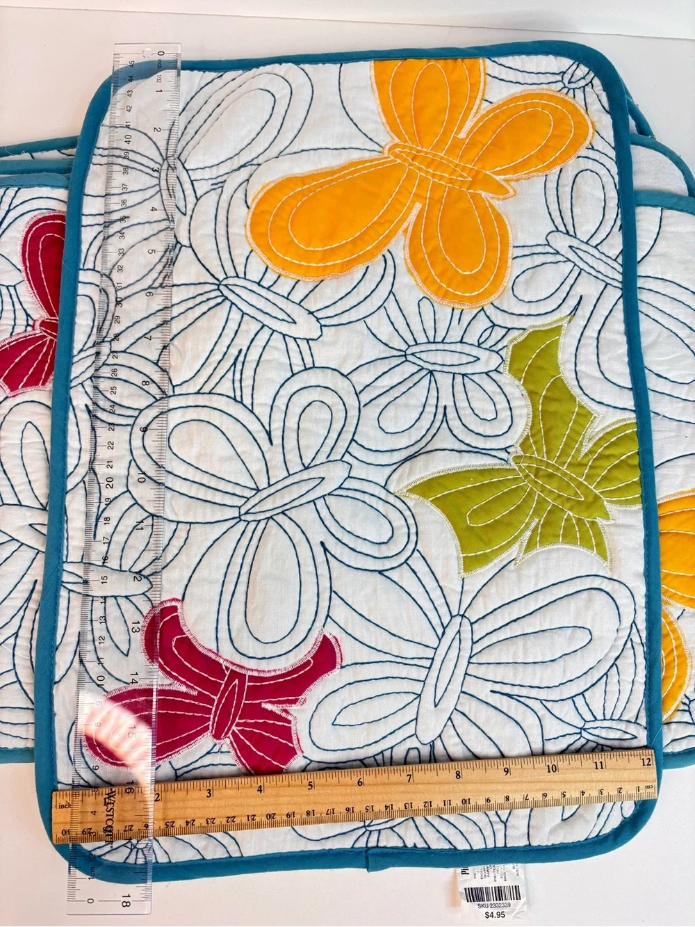 VTG Pier 1 Quilted‎ Placemat Set Teal Trim and Multicolor Butterfly Appliqués
